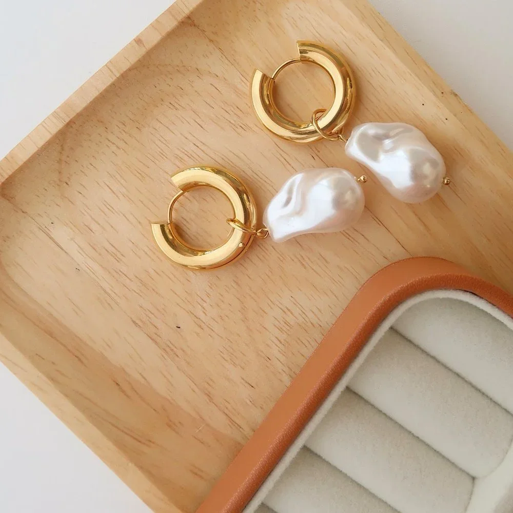 NEW 18K Gold Plated Fresh Water Baroque Pearl Drop Round Huggie Hoop Earrings - Picture 9 of 11